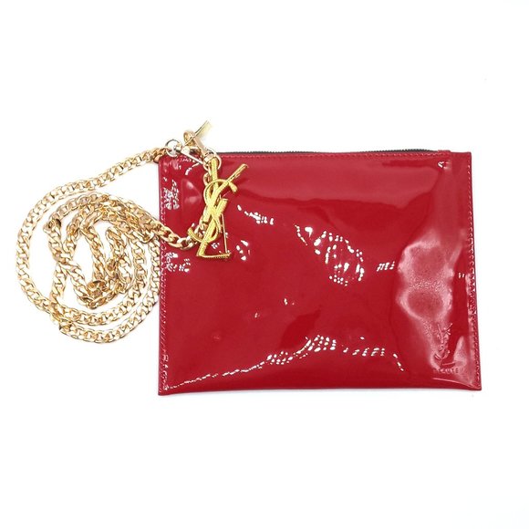 Yves Saint Laurent Red Leather Clutch Shoulder Bag YSL Pin Purse Gold-to… - Picture 2 of 13